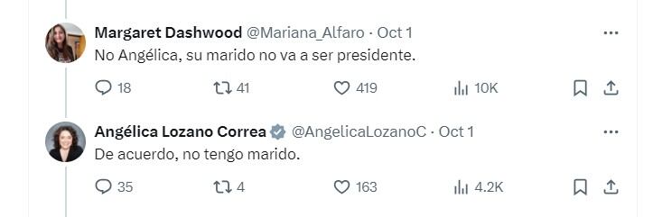 Angélica Lozano responde a un comentario ofensivo en contra de su pareja, Claudia López - crédito @AngelicaLozanoC