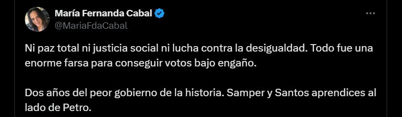 María Fernanda Cabal sobre el gobierno de Gustavo Petro - crédito @MariaFdaCabal/X