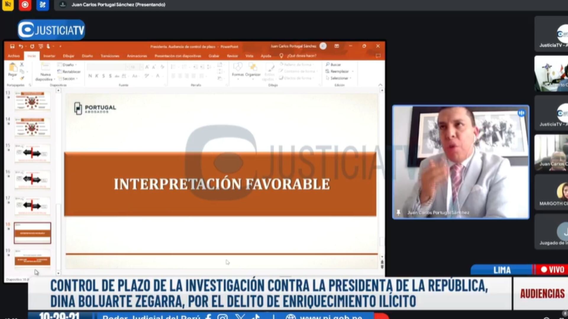 Abogado de Dina Boluarte sustenta pedido de control de plazo ante la sala del juez Juan Carlos Checkley. Foto: captura Justicia TV