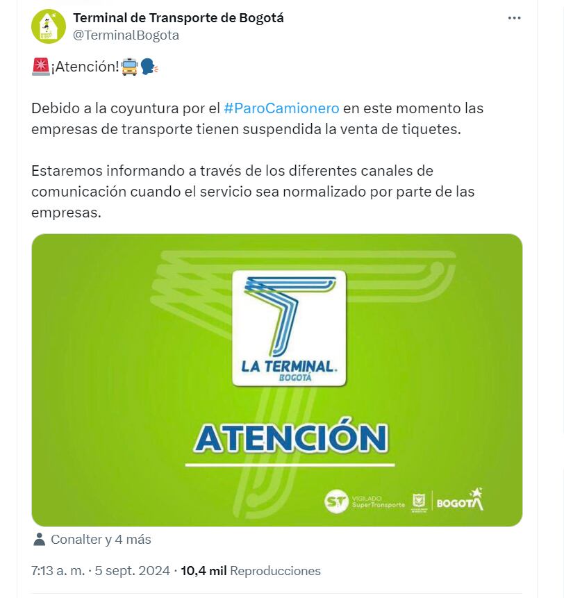 Debido a las manifestaciones en la cpaital del país, se suspendió la venta de tiquetes desde la Terminal de Transportes de Bogotá - crédito @TerminalBogota/X