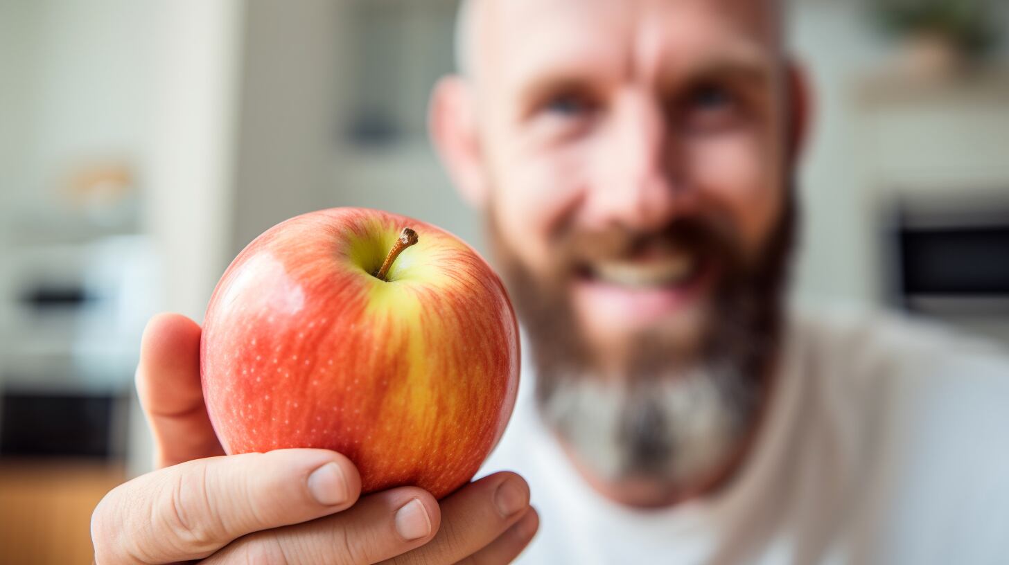 Imagen de un hombre sosteniendo una manzana fresca, resaltando la importancia de la nutrición y el cuidado del cuerpo. (Imagen ilustrativa Infobae)