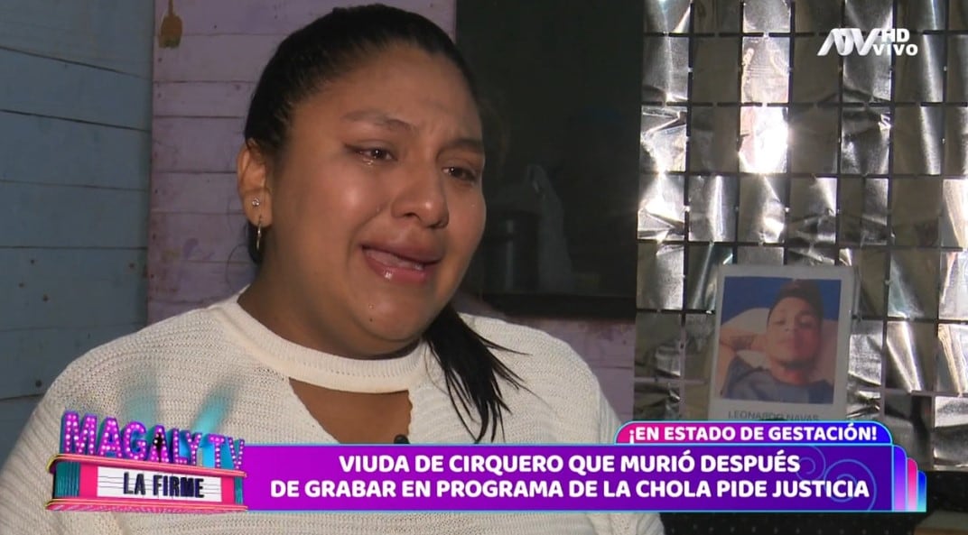 América TV es desmentido por esposa de acróbata fallecido en ‘El Reventonazo de la Chola’. (Captura: Magaly TV La Firme)