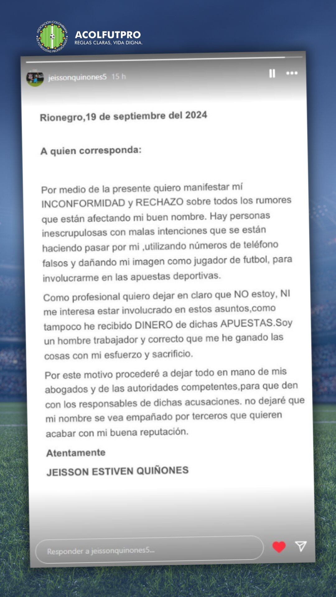 La denuncia de Jeisson Quiñones por supuesta suplantación de identidad fue replicada por el sindicato de los futbolistas colombianos, Acolfutpro - crédito @acolfutpro/X