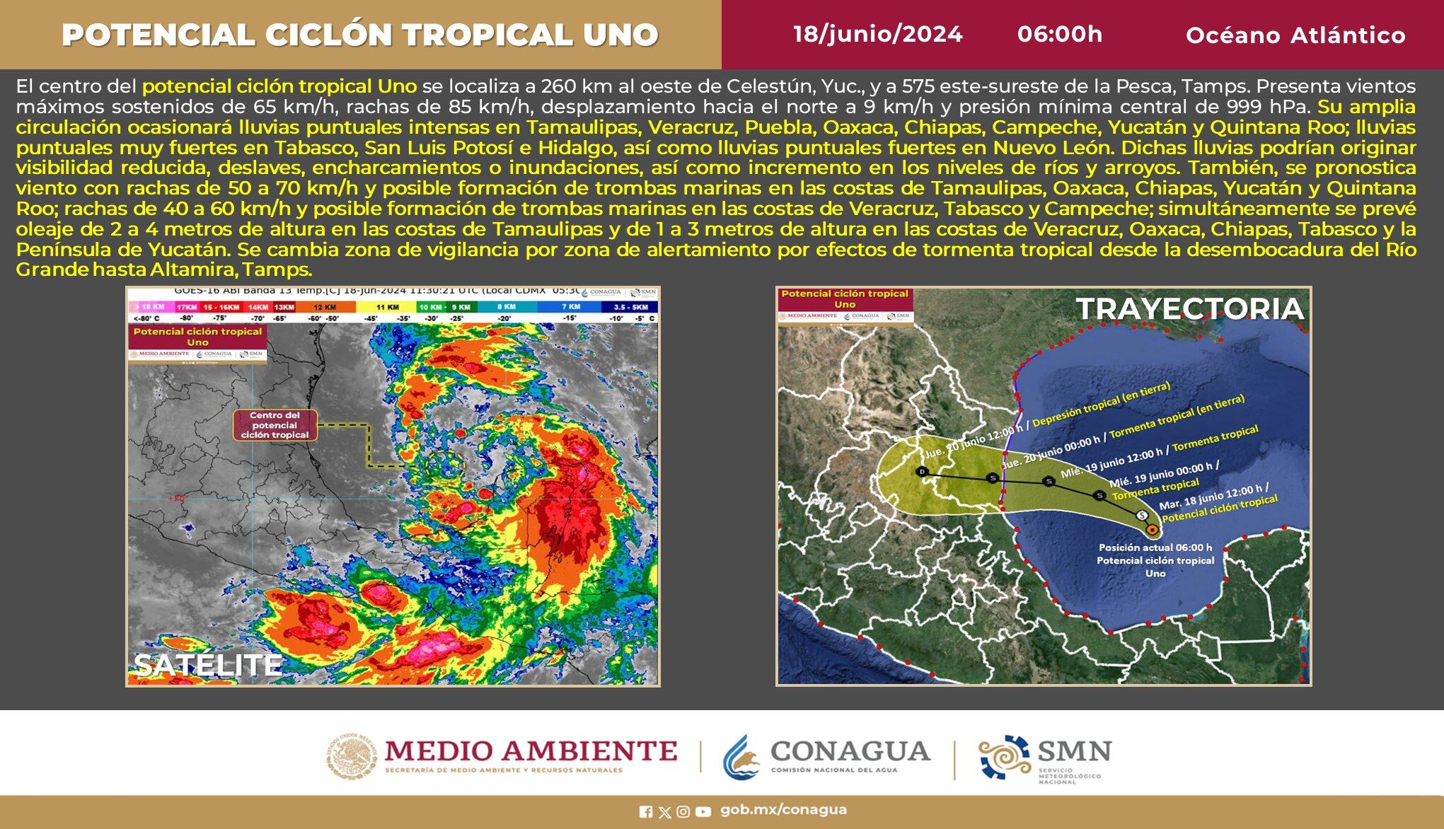 Reporte de las 06:00 horas del 18 de junio sobre el Potencial Ciclón Tropical Uno.