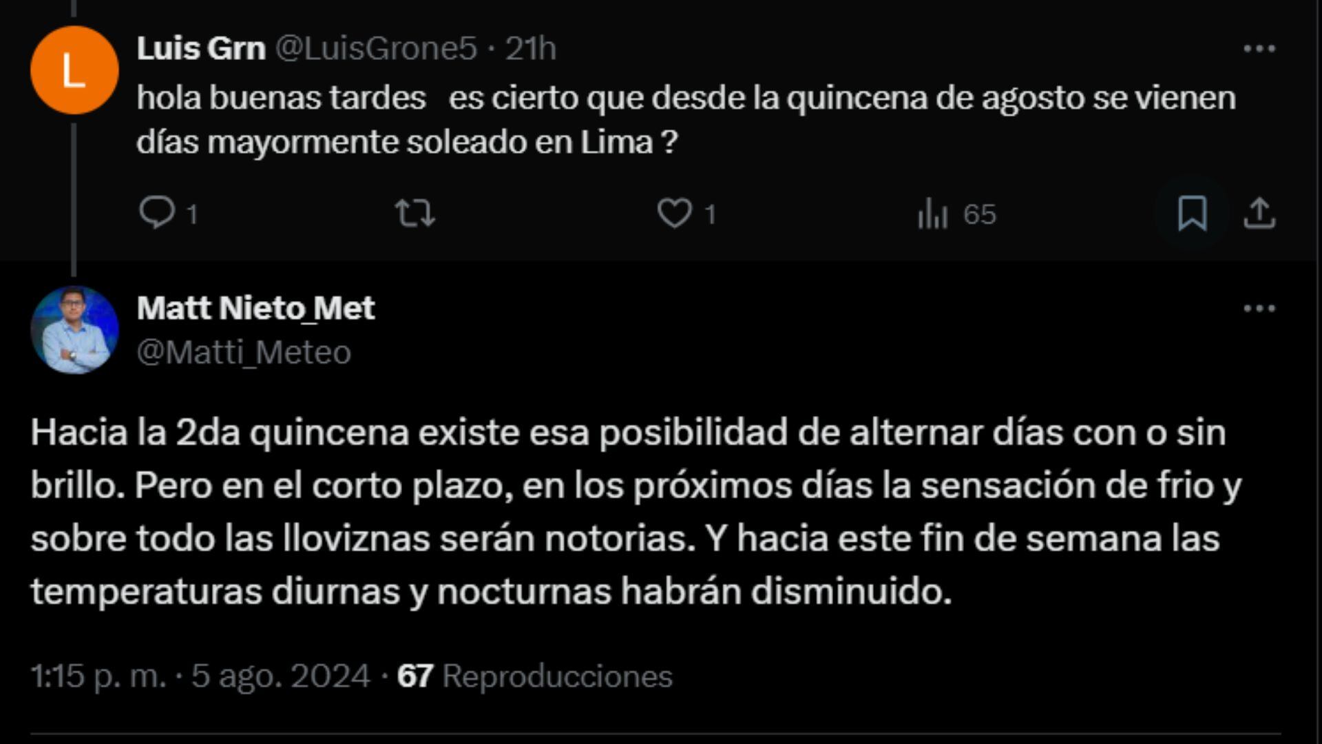 El ingeniero Matt Nieto respondió a un usuario sobre lo que le espera al clima en Lima.