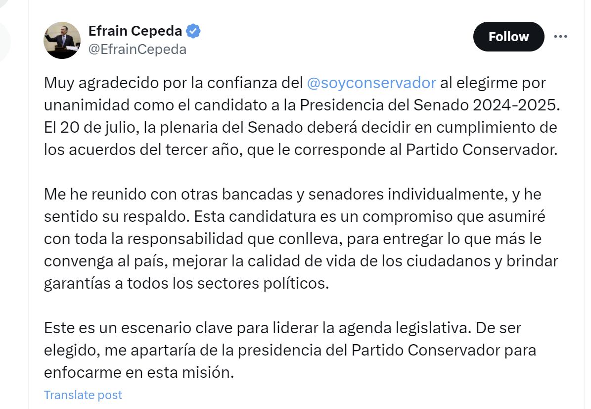 Efraín Cepeda agradeció al Partido Conservador por apoyar su candidatura a la presidencia del Senado - crédito @EfrainCepeda/X